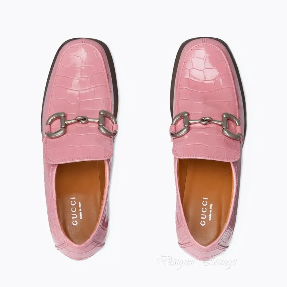 NEW GUCCI Horsebit Pink Croc Embossed Leather Platform Loafers EU 39.5 US 9.5